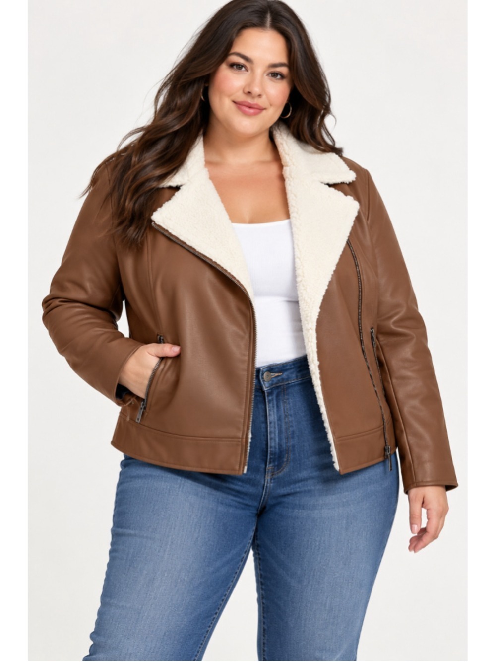 Torrid Faux Leather Sherpa Moto Jacket Brown Plus Size 1 Biker Aviator